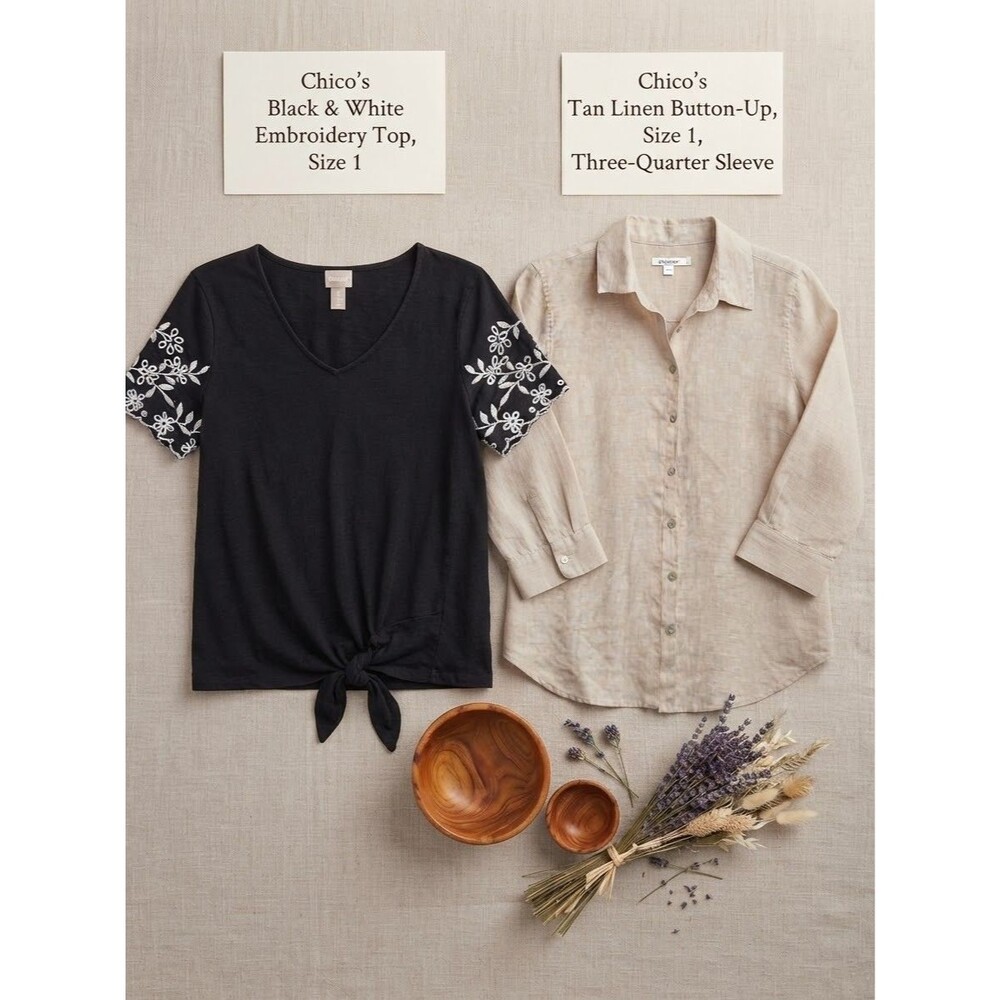 Chico's LOT Size 1 Linen Button Shirt & Black Embroidered Knit Tie Top 2 Pack